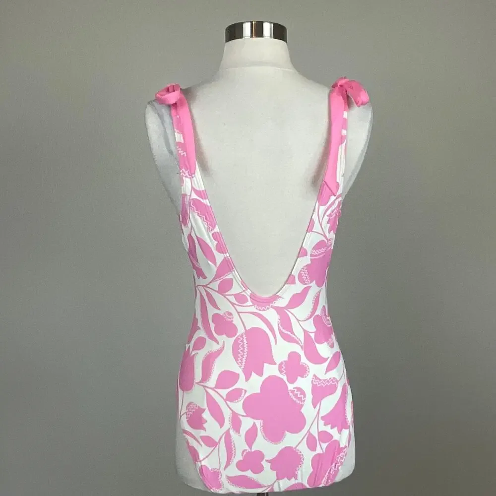 Kate Spade Pink and White Bathing Suit Floral One-Piece Scoop Back Size Medium - Picture 3 of 11